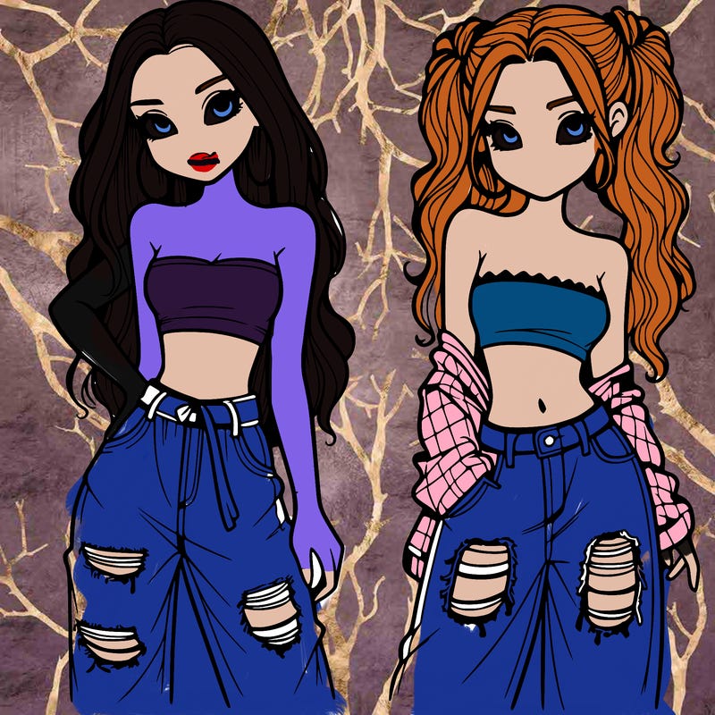 2 girls in crop tops and baggy jeans ripped