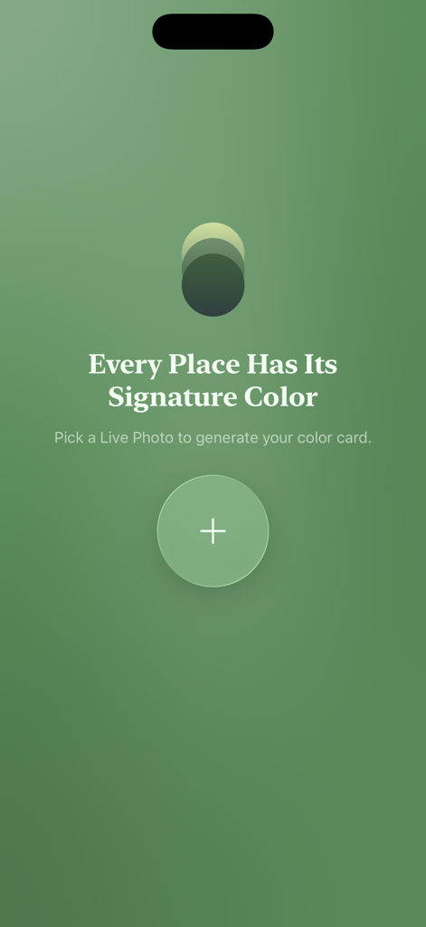 PhotoColors - Pantalla de inicio estética de la aplicación PhotoColors con fondo verde y una indicación para crear una tarjeta de color.