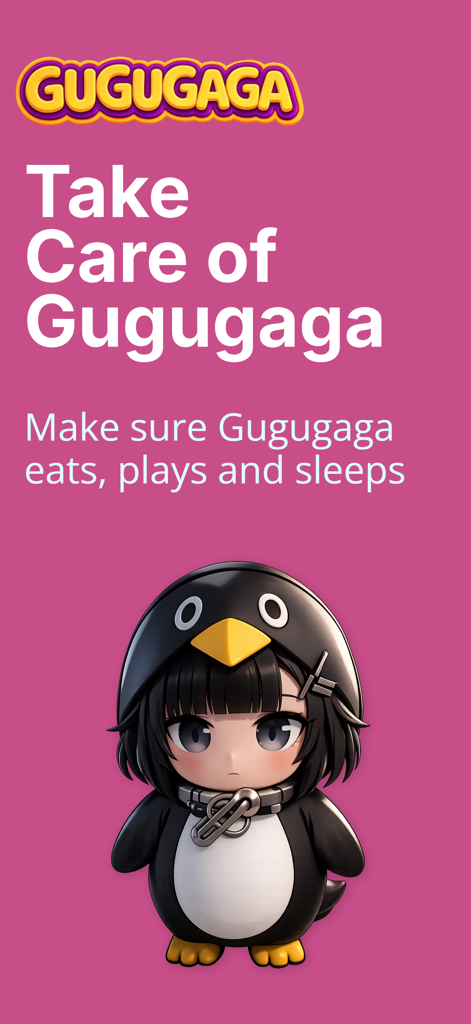Cute character in a penguin hoodie with text encouraging players to take care of Gugugaga