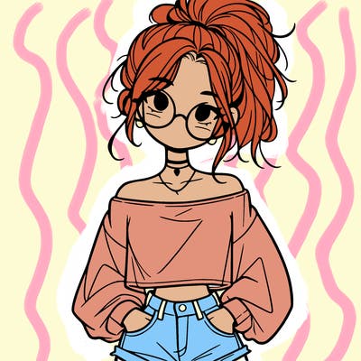 girl with a messy ponytail glasses a baggy crop top and jean shorts
