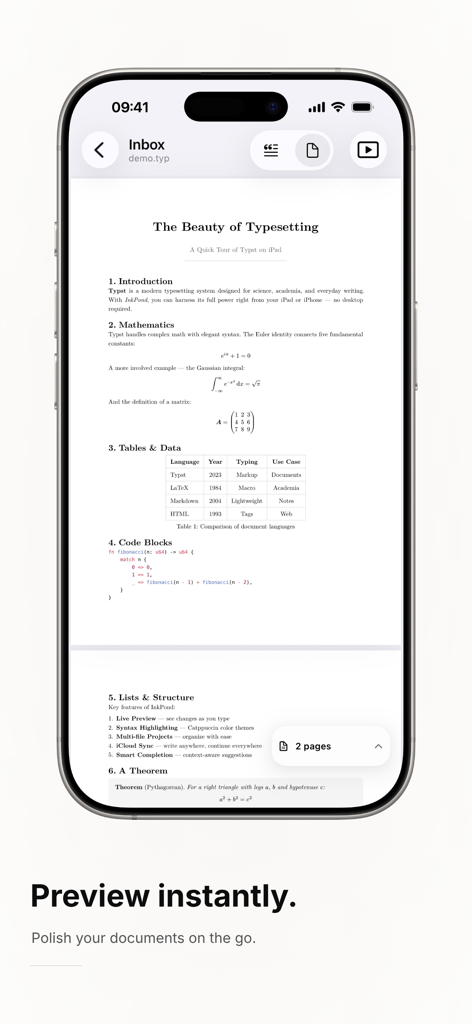 InkPond - La aplicación InkPond muestra una vista previa en tiempo real de un documento compuesto con fórmulas matemáticas y bloques de código en un iPhone.