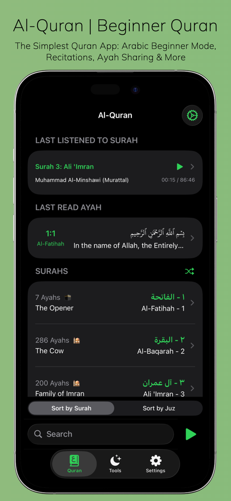 Al-Quran | Beginner Quran - The main dashboard of the Al-Quran Beginner app featuring recent activity and a list of Quranic chapters in dark mode.