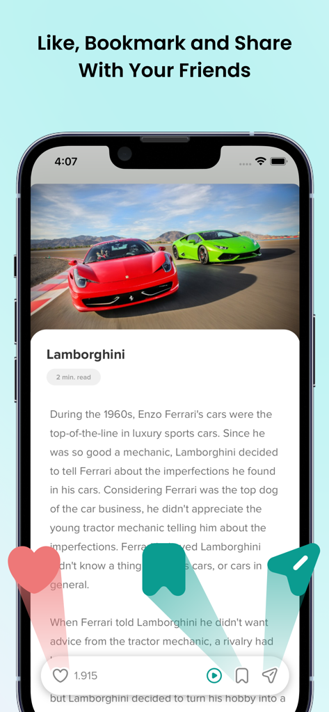 Daily Fun Facts: Did You Know? - Daily Fun Facts app interface displaying an article about Lamborghini with social sharing and bookmarking options