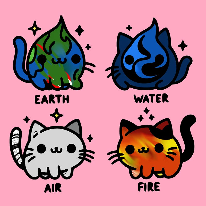 4 cats that represent the different elements, earth, water, air, and fire