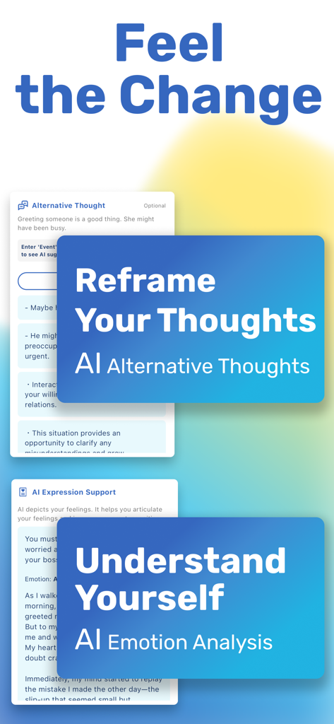 Peaceful: CBT Thought Journal - Peacefulアプリインターフェース、AIによる思考の再構築と感情分析機能を表示