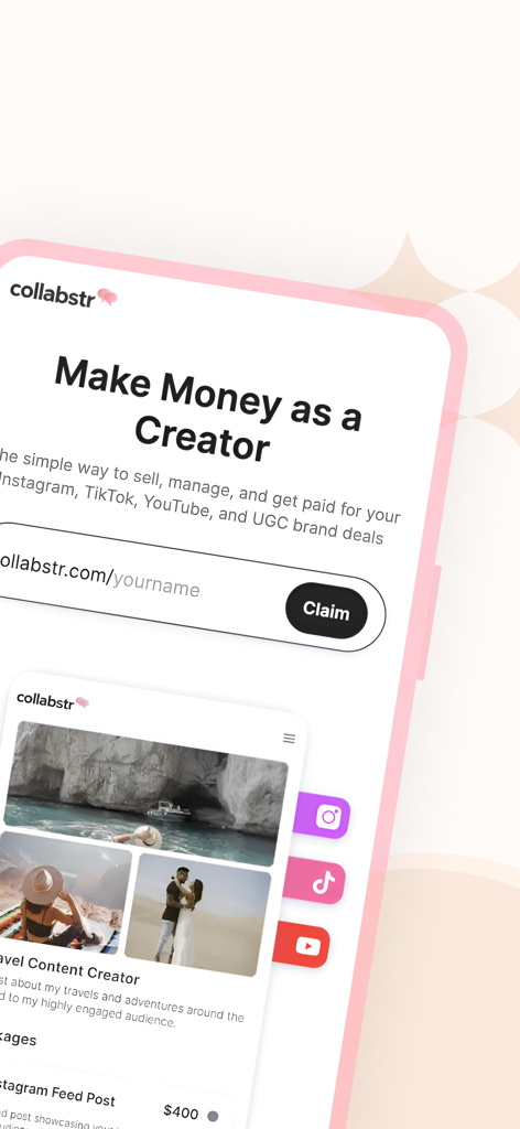 Collabstr app screen showing the platform for creators to sell brand deals and manage UGC content.