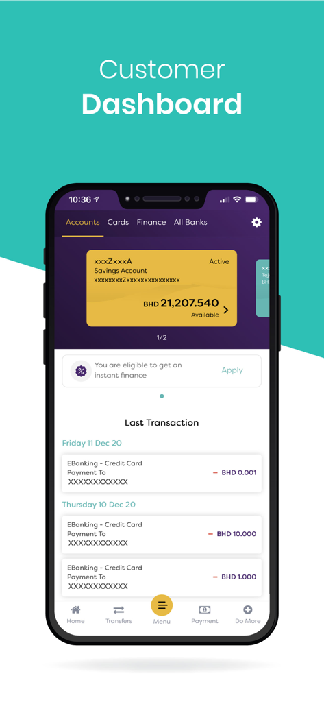 BisB Mobileバンキングアプリの顧客ダッシュボードに、口座残高と最近の取引履歴が表示されています