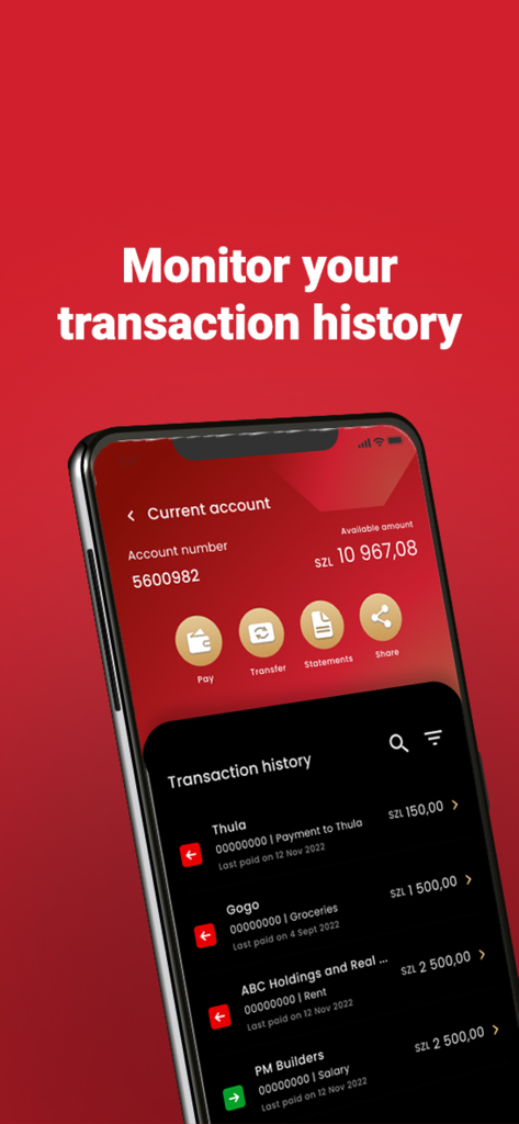 SBS Banking App - SBS Banking App Bildschirm, der den Kontostand und eine Liste der letzten Transaktionen anzeigt