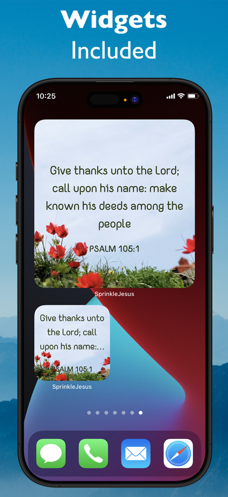 iPhone home screen displaying daily Bible verse widgets from the Sprinkle of Jesus app with floral backgrounds.