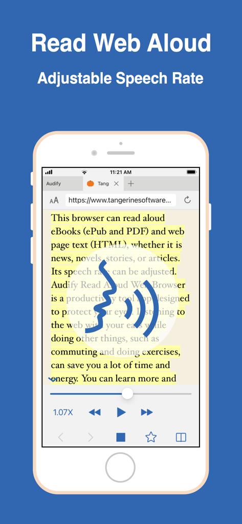 Audify read aloud web browser - Audify 모바일 앱 인터페이스에 음성 속도 조절 기능이 있는 웹 페이지가 소리 내어 읽히는 모습