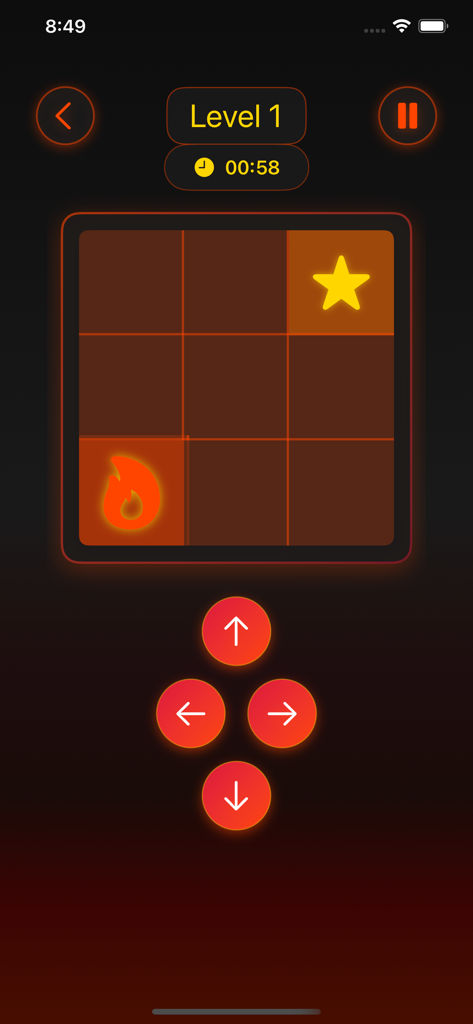 Pantalla de juego de RoadForCup que muestra un rompecabezas de cuadrícula de 3x3 con íconos de fuego y estrella y controles direccionales