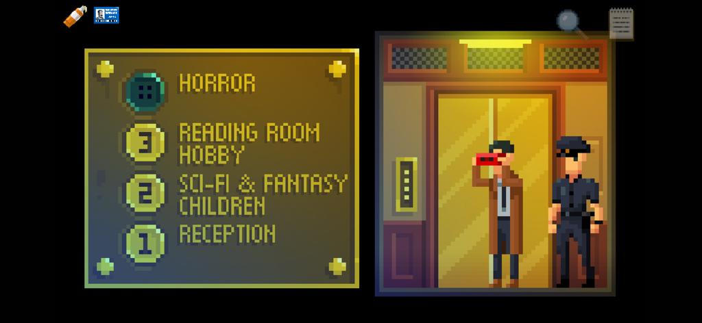 The Darkside Detective - Detective McQueen and Officer Dooley standing in a pixel art elevator next to a building directory panel.
