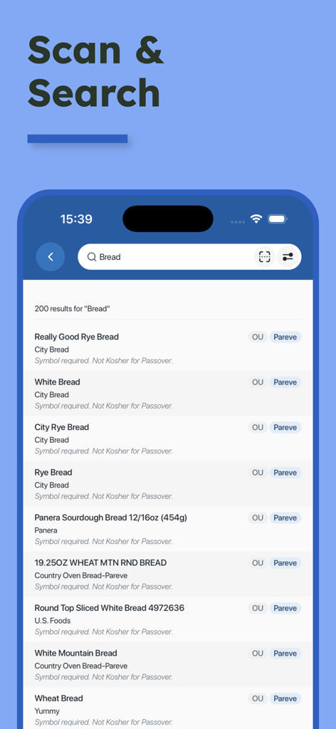 Search results for bread products in the OU Kosher app showing certification status