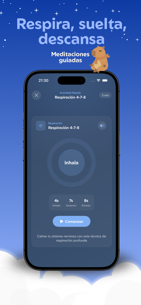 Tranqui - Bienestar Emocional - Interface of Tranqui app showing a guided 4-7-8 breathing exercise for stress relief and emotional wellbeing