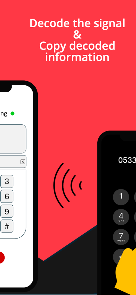 Key-Tone-Decoder - Screenshot dell'app Key-Tone-Decoder che illustra la funzionalità di decodifica e copia del segnale.