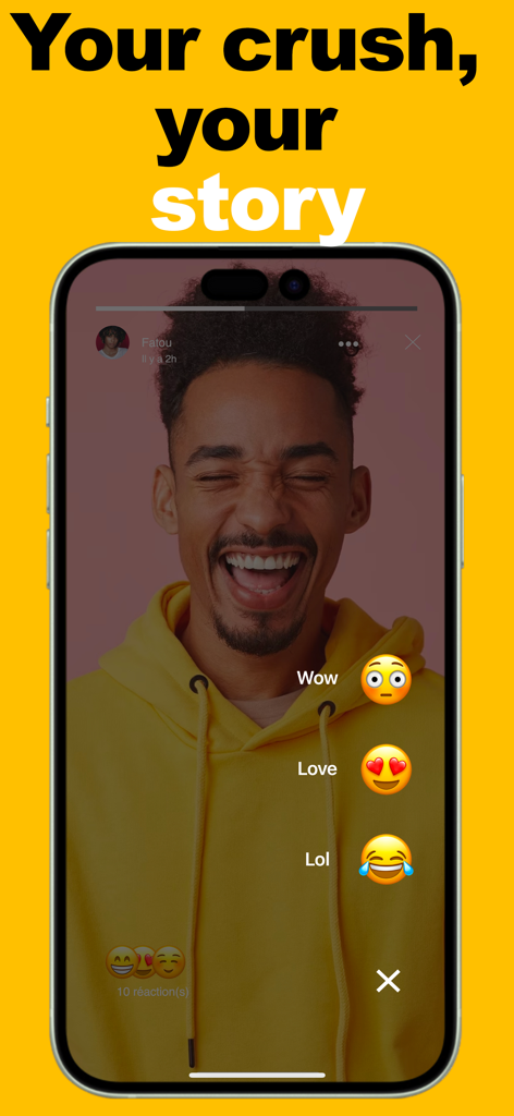 Afrosmeet – Black Dating App - Captura de pantalla de la aplicación Afrosmeet que muestra una historia de usuario con un joven negro sonriente y reacciones interactivas con emojis