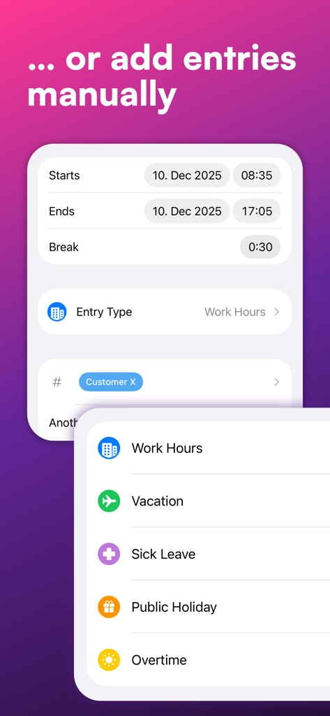 Manuelle Eingabeoberfläche der WorkTimes App mit Optionen für Arbeitsstunden, Urlaub, Krankheitstage und Überstunden.