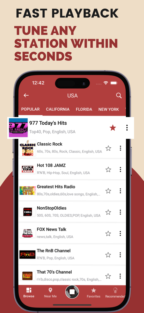FM Radio - AM, FM, Radio Tuner - Pantalla de la aplicación Radioly FM Radio mostrando una lista de emisoras de EE. UU. como Fox News y Classic Rock