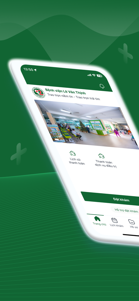 BV Lê Văn Thịnh - Home screen of the BV Le Van Thinh hospital app featuring appointment booking and payment options
