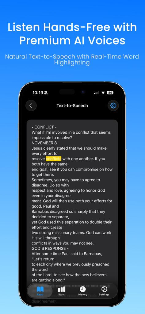 Scholarly - Smart Reading AI - Scholarly app showing text to speech mode with real time word highlighting and premium AI voices