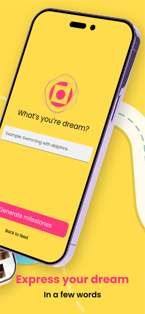 Dreemz - Interfaz de la aplicación Dreemz que muestra una indicación para ingresar un sueño y un botón para generar hitos de IA.