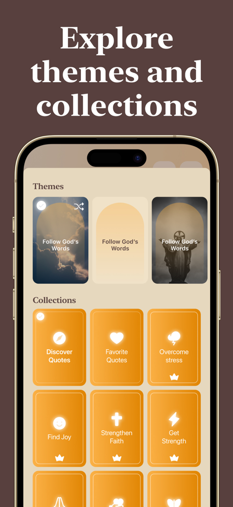 Una schermata mobile che mostra i temi e le collezioni dell'app cristiana per la guida spirituale e le citazioni quotidiane.