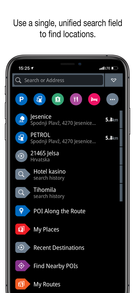 Genius Maps app showing the unified search field for finding locations and points of interest