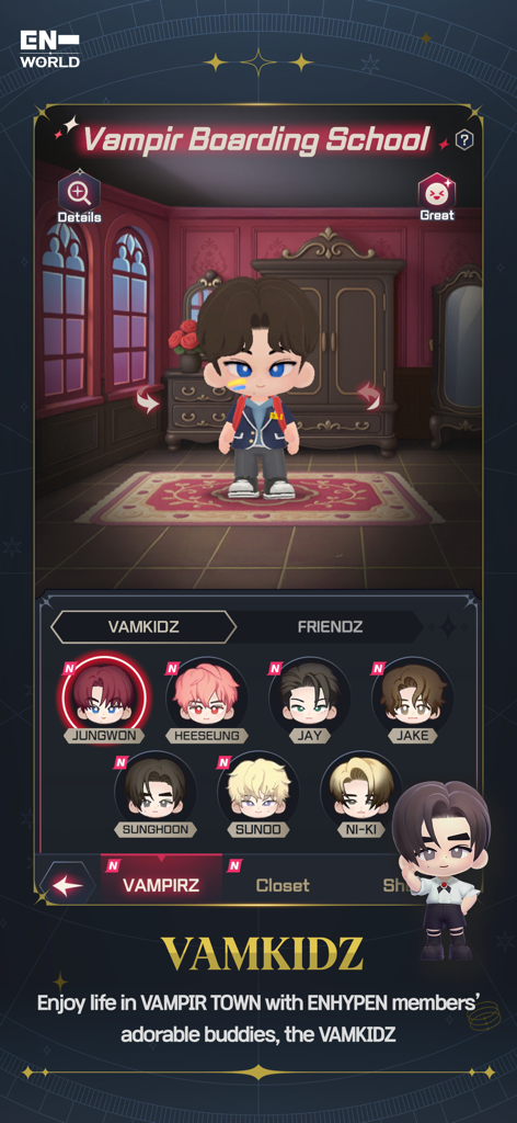 ENHYPEN WORLD : ETERNAL MOMENT - ENHYPEN WORLD app screenshot showing the VAMKIDZ character selection interface