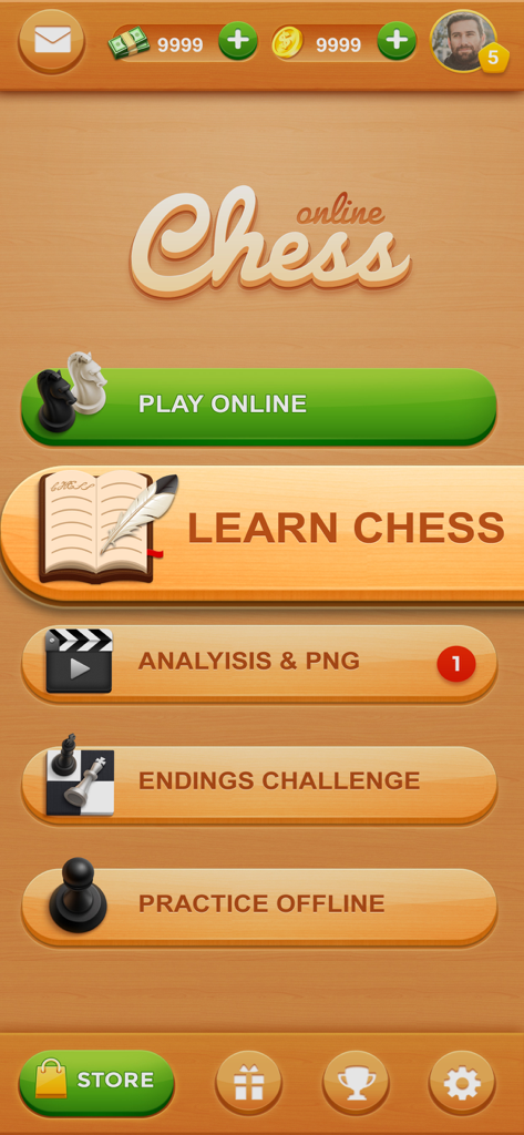 Chess Online: Learn & Win - Hauptmenü der Schach Online-App mit Optionen zum Online-Spielen, Schach lernen und Offline-Üben