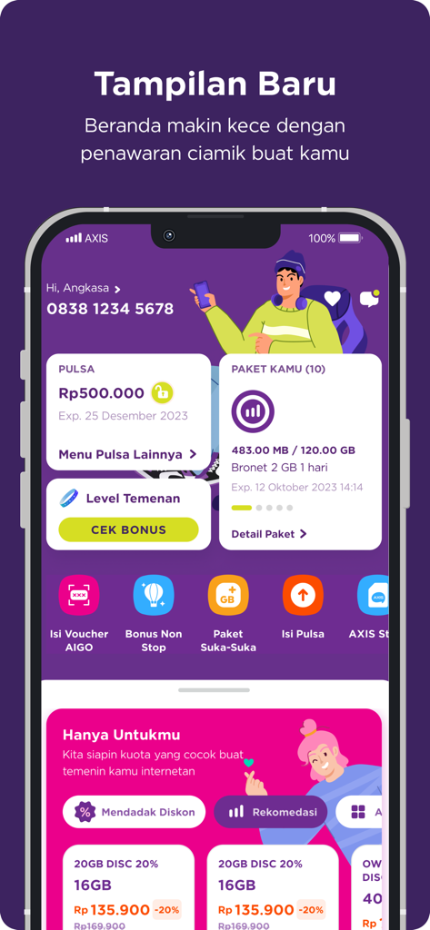 AXISNet - AXISNet 모바일 앱 대시보드. 사용자 잔액, 데이터 사용량, 개인화된 프로모션이 보라색 테마 인터페이스에 표시됩니다.