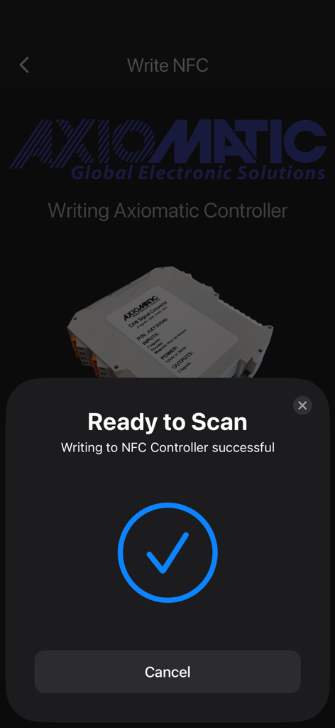 E-Write NFC - E-Write NFC app displaying a success message after configuring an Axiomatic industrial controller.