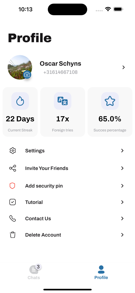 Flipchat - Chat Translator - Flipchat user profile interface displaying message translation statistics streak and app settings