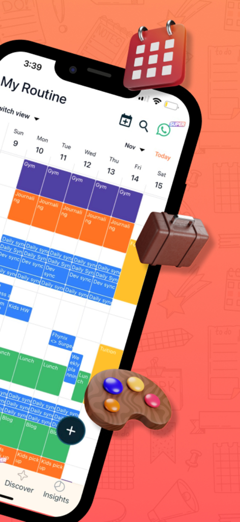 Fhynix: AI Daily Planner, Todo - Fhynix AI daily planner app displaying a visual color-coded weekly schedule and routine on a smartphone