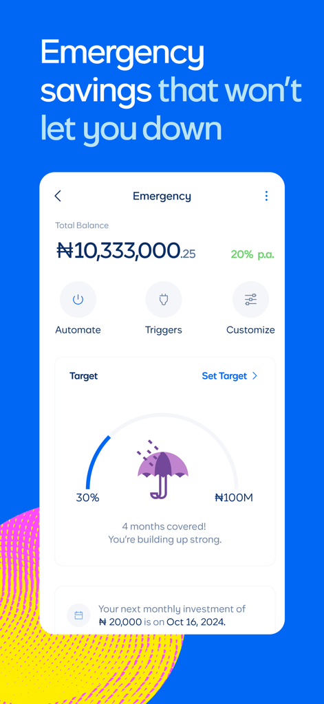 Cowrywise: Save & Invest Money - Cowrywise 모바일 앱 인터페이스, 연 20% 이자율과 저축 목표 달성률을 보여주는 비상 저축 대시보드 표시.