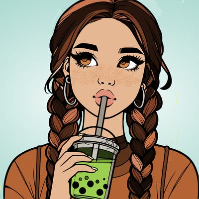 realistic girl with braided hair drinking boba