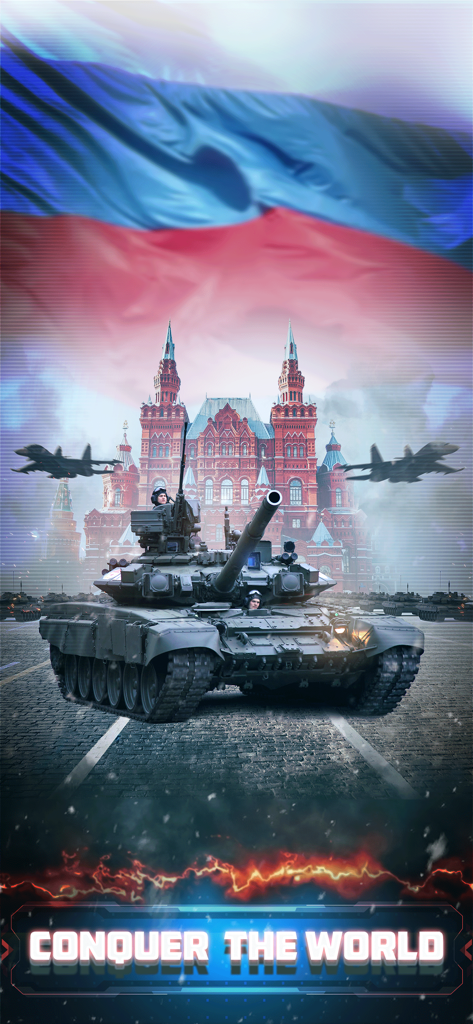 Un tanque de batalla moderno frente al Museo Estatal de Historia en Moscú con cazas y el texto Conquista el Mundo