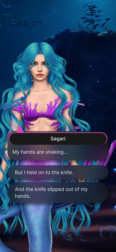 Una sirena de pelo azul en una escena de decisión del juego de historias interactivas Lovel