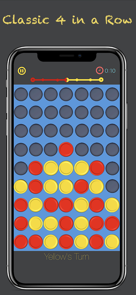 Écran de jeu du jeu de société classique Puissance 4 montrant une partie entre des jetons rouges et jaunes sur un smartphone