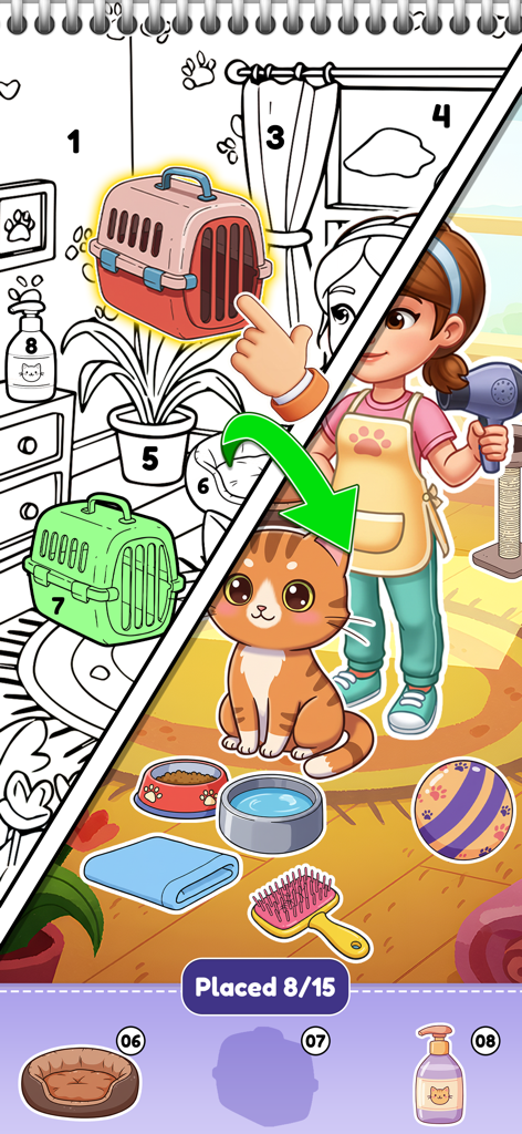 ASMR Sticker Art -Merge story - Gameplay showing a girl and a cat in a pet grooming room with stickers being placed on a line art background.