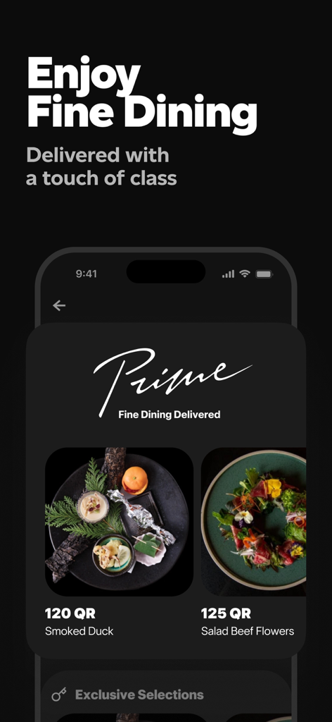 Snoonu mobile app interface showing fine dining and gourmet food delivery options in Qatar