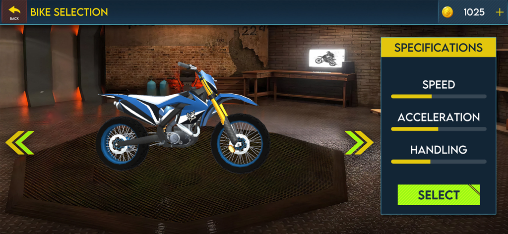Bike Stunt 3d: Racing Games 3D - Pantalla de selección de moto con una moto de cross azul con especificaciones de rendimiento para velocidad, aceleración y manejo