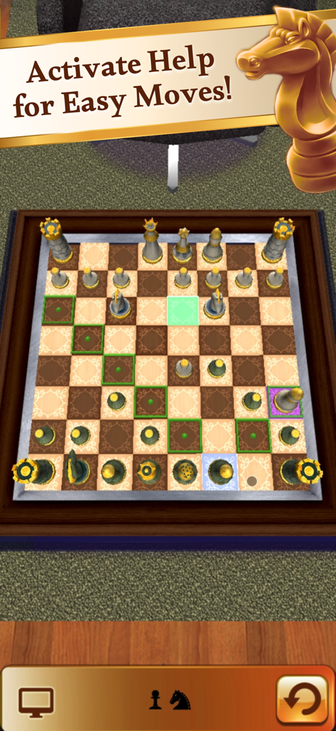 Chess 3D Pro Trainer - Un tablero de ajedrez 3D que muestra movimientos resaltados y un banner de ayuda