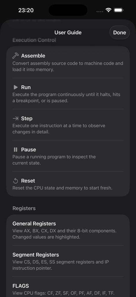 User guide screen of the Assembly Lab app showing execution controls and register definitions