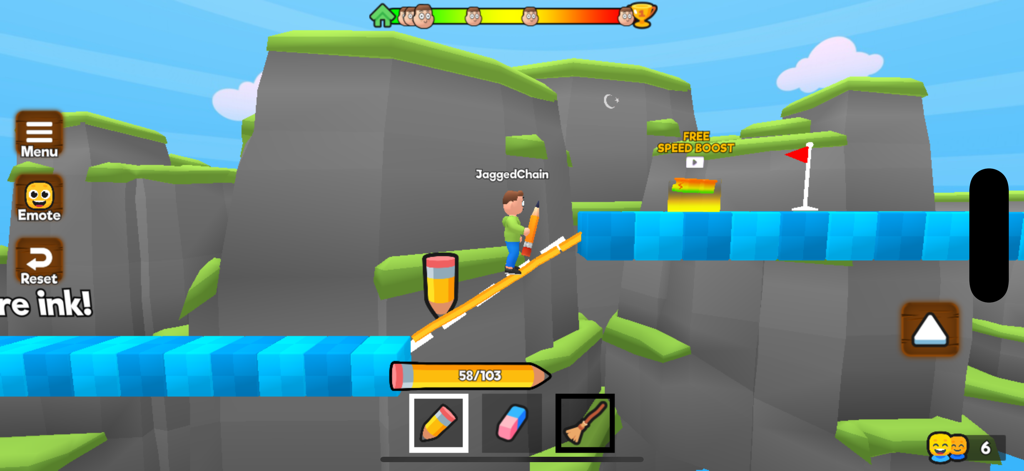 A character drawing an orange path to cross between blue platforms in a 3D parkour obstacle course