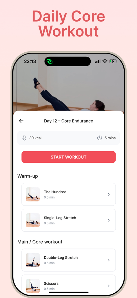 Asian pilates: Pilates at Home - Mobile app screen showing a 5 minute daily core endurance pilates workout plan
