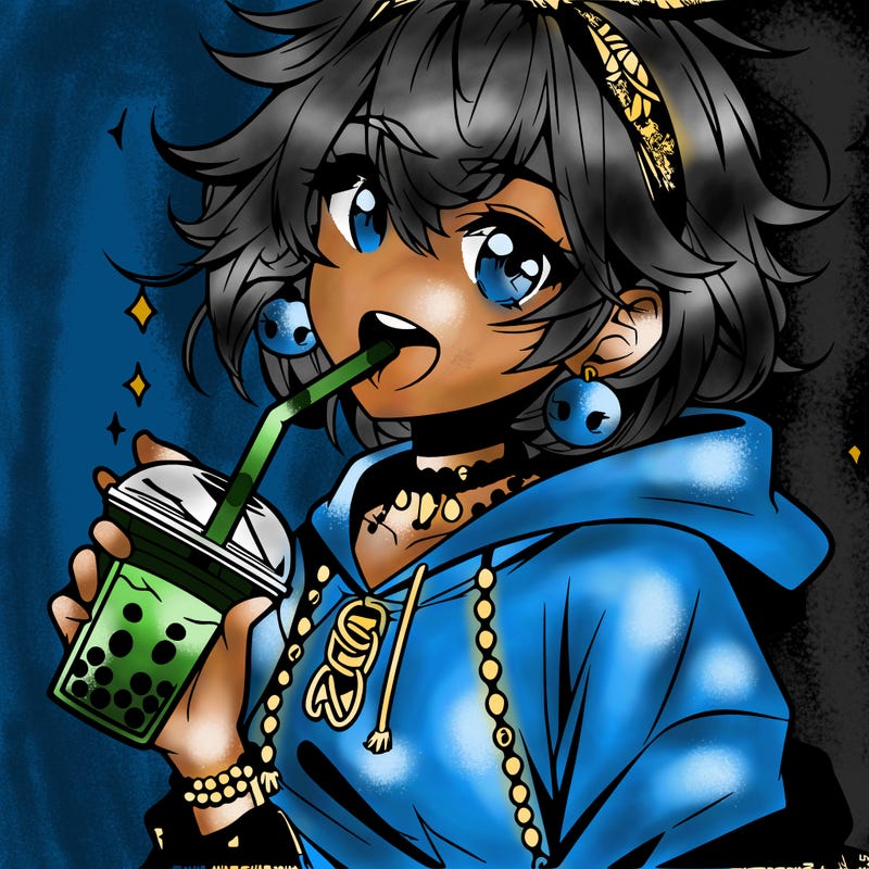 hot baddie anime girl drinking boba and biting the straw