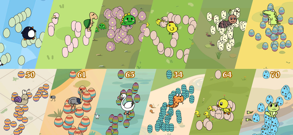 Collage de varios animales de dibujos animados como pollos, pingüinos y ranas poniendo huevos con patrones.