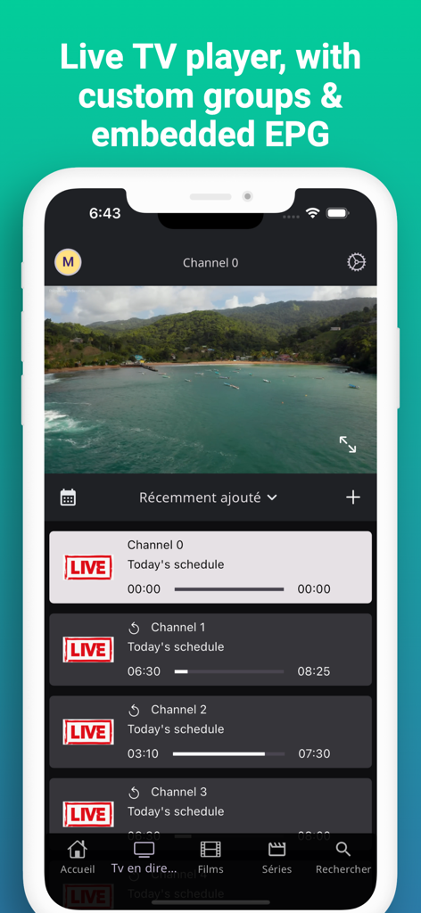 NexTv mobile app interface showing a live TV stream and electronic program guide