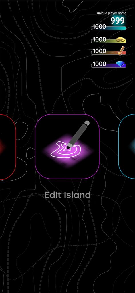 The edit island menu in the Sonar Islands game showing player stats and a drawing icon.