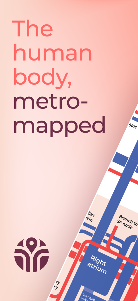 Une interface d'application médicale affichant les systèmes du corps humain comme une carte de métro stylisée avec le titre Le corps humain cartographié comme le métro